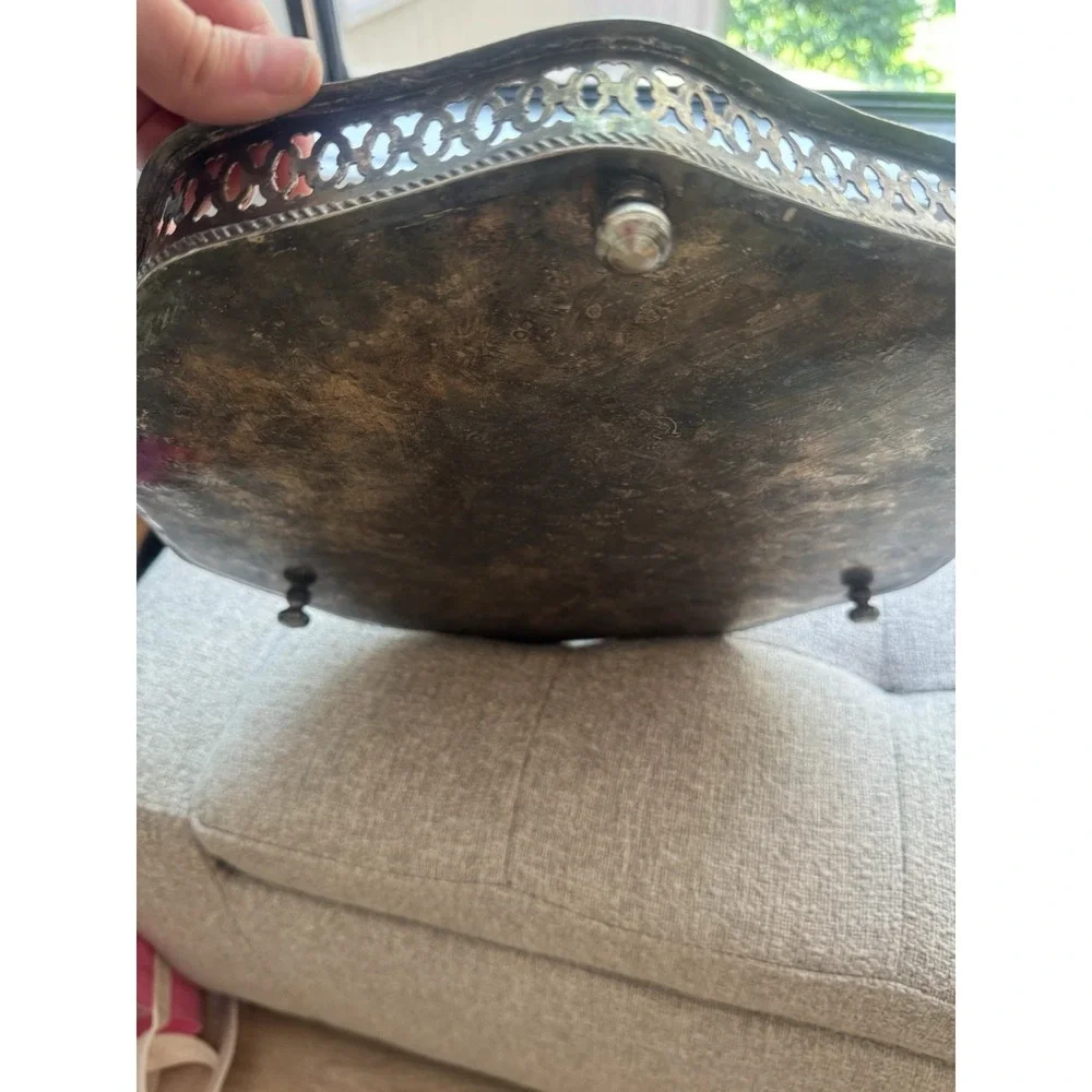 VTG Moroccan silver-tone footed tray. intricate geometric and floral engravings